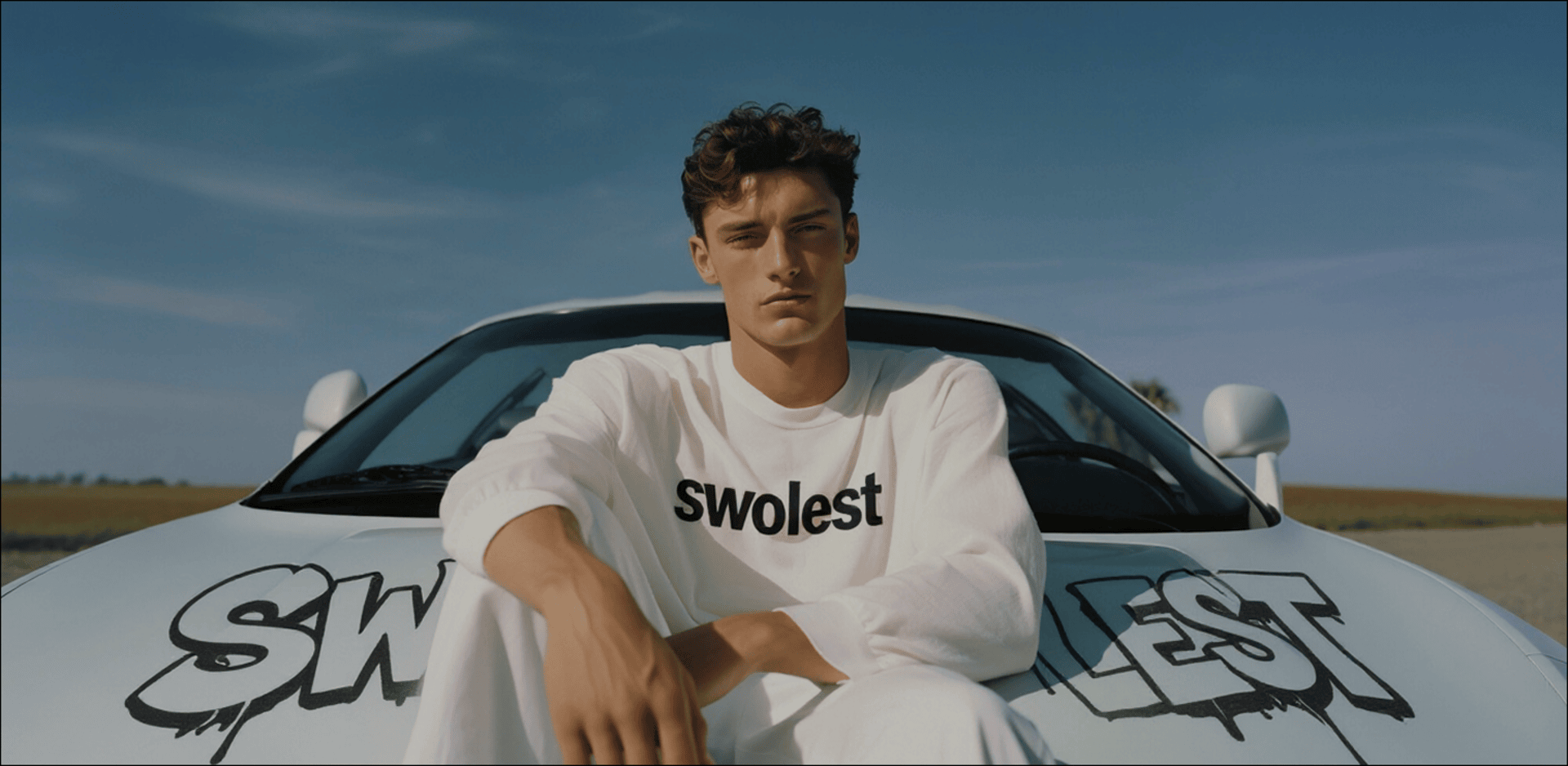 Young man with short hair sits confidently on a white car hood wearing a white shirt with "SWOLEST."