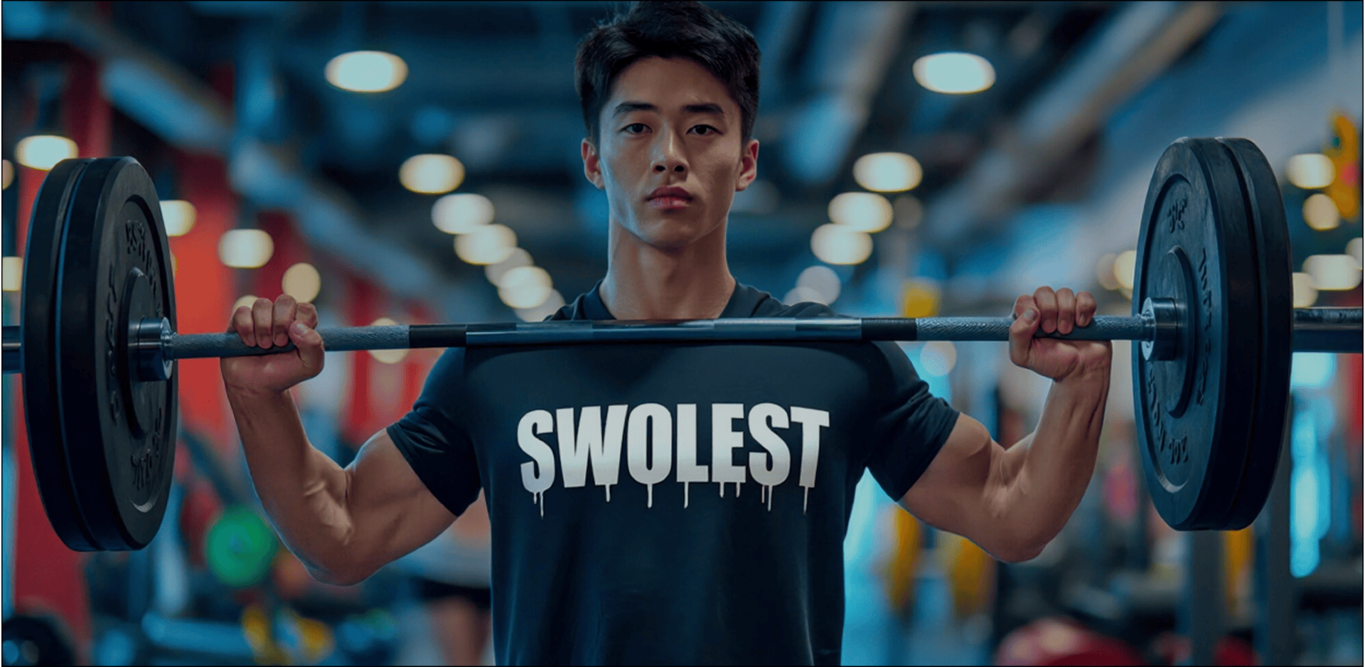 A person in a gym holds a barbell on their shoulders, wearing a dark T-shirt with "SWOLEST" printed on it. The background features gym equipment and soft lighting, conveying focus and strength.